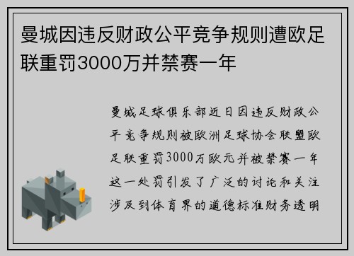曼城因违反财政公平竞争规则遭欧足联重罚3000万并禁赛一年