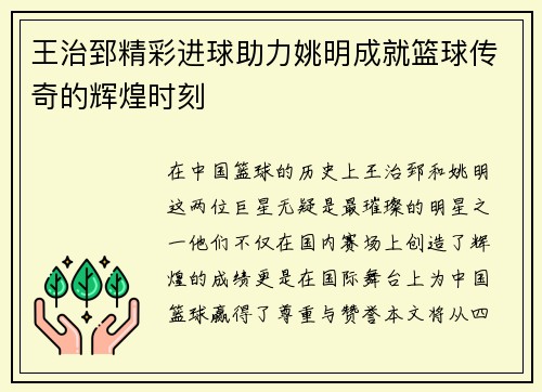王治郅精彩进球助力姚明成就篮球传奇的辉煌时刻