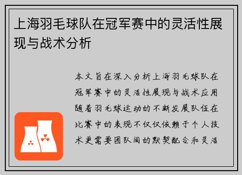 上海羽毛球队在冠军赛中的灵活性展现与战术分析