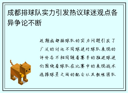 成都排球队实力引发热议球迷观点各异争论不断