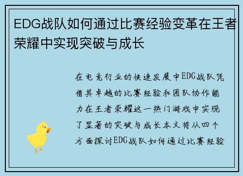 EDG战队如何通过比赛经验变革在王者荣耀中实现突破与成长